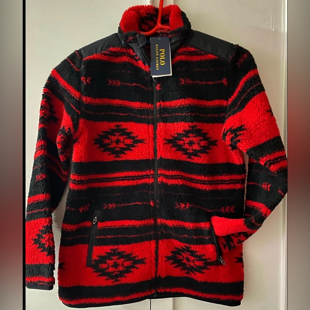 NWT….Kids fleece zip up jacket red/black Aztec Sizes 5, 6x